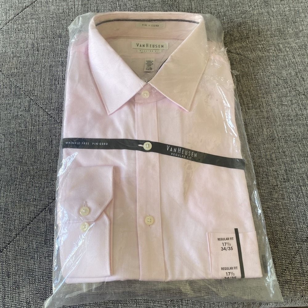 Van Heusen Mens Regular-Fit Pink Wrinkle Free Dress Shirt 17.5 34/35